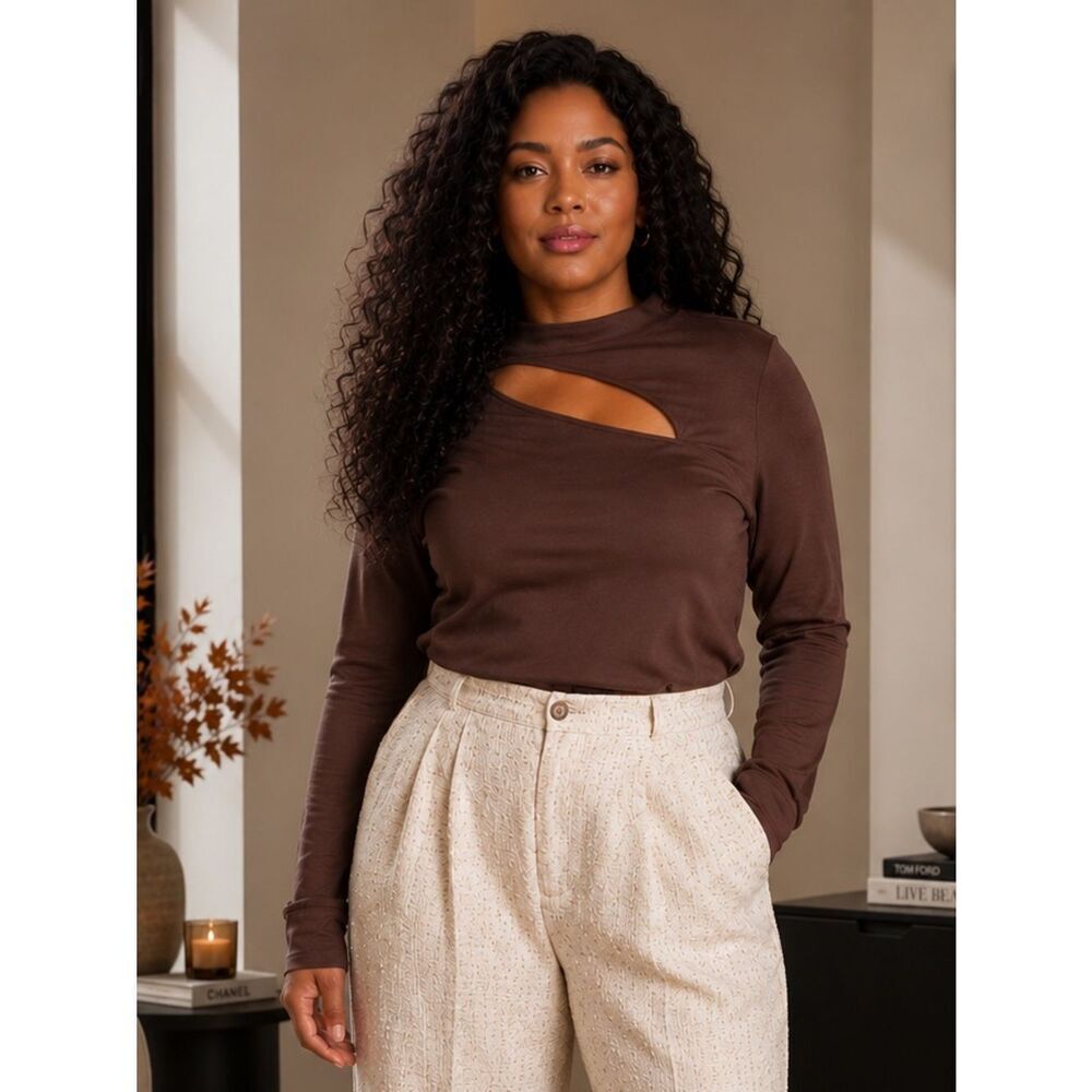 Halogen Cutout Long Sleeve Top Long Sleeve Brown Seal 4X